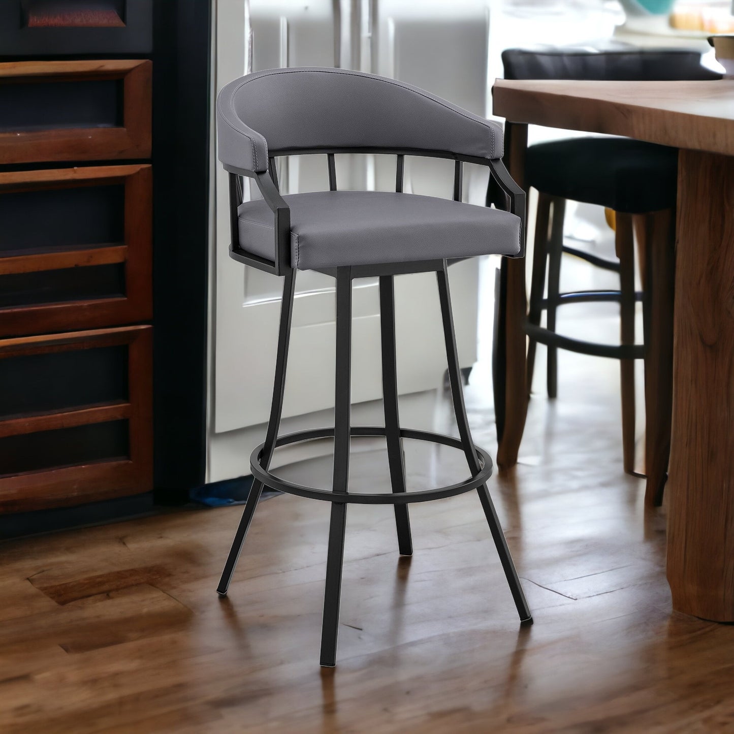 26" Slate Gray and Black Faux Leather and Steel Swivel Low Back Counter Height Bar Chair with Footrest