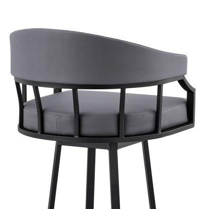 26" Slate Gray and Black Faux Leather and Steel Swivel Low Back Counter Height Bar Chair with Footrest