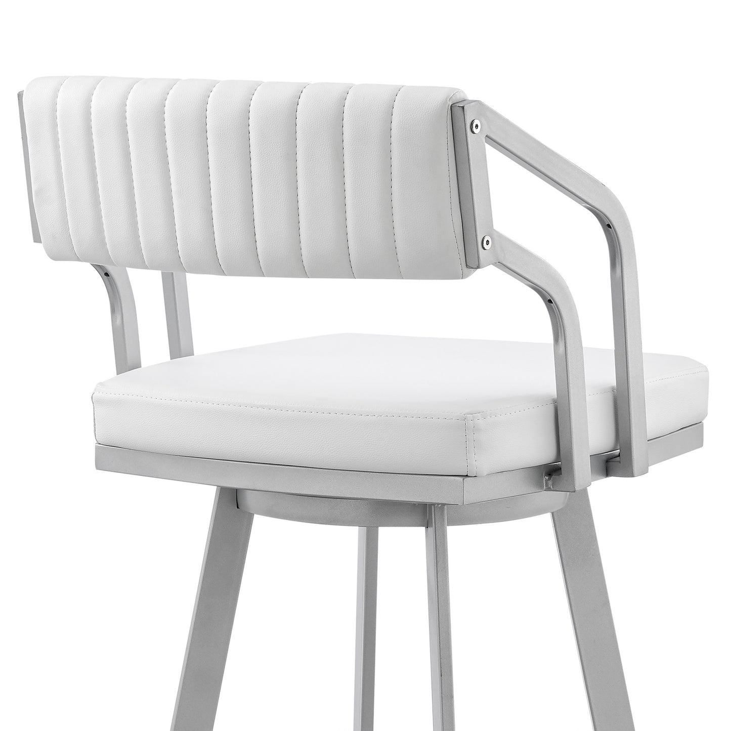 30" Timeless White Faux Leather Silver Finish Swivel Bar Stool