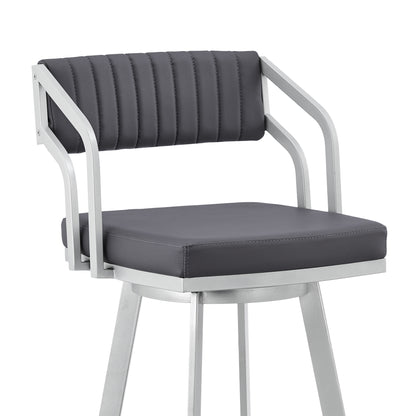 30" Timeless Slate Grey Faux Leather Silver Finish Swivel Bar Stool