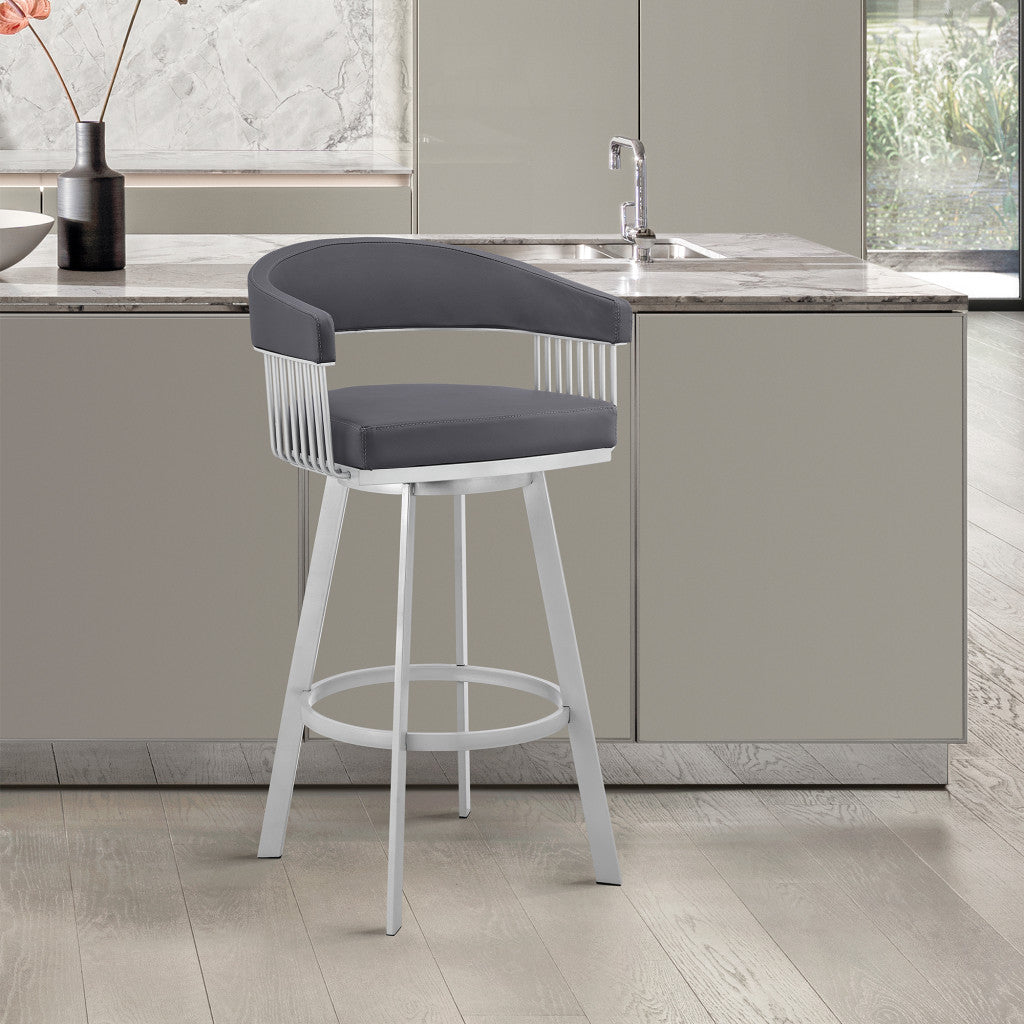 30" Mod Slate Grey Faux Leather Silver Finish Swivel Bar Stool