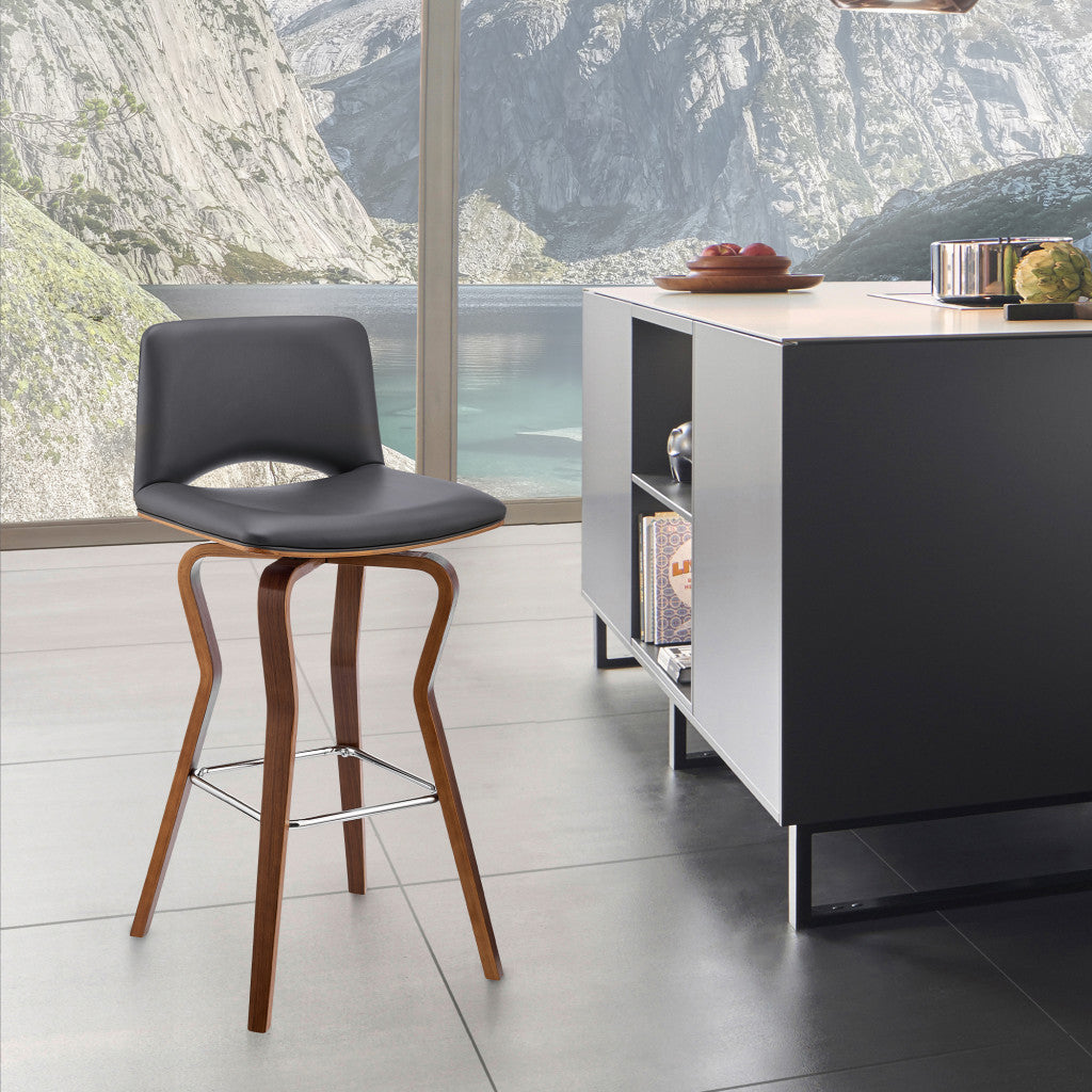 36" Gray Faux Leather And Manufactured Wood Swivel Low Back Counter Height Bar Chair