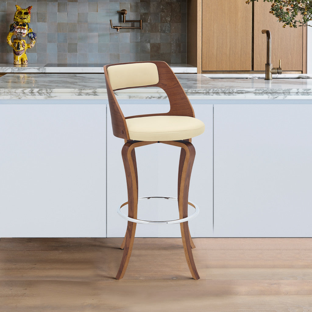 35" Cream And Brown Faux Leather Swivel Counter Height Bar Chair With Footrest