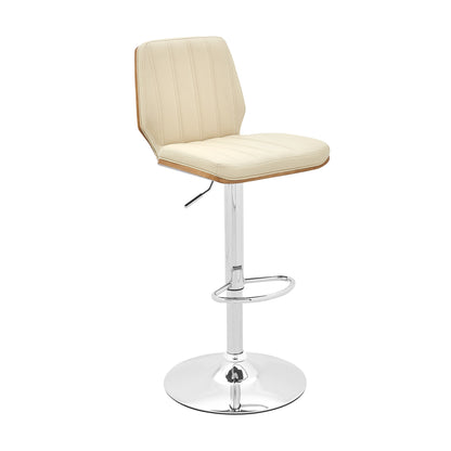 44" Cream And Walnut Faux Leather And Steel Swivel Adjustable Height Bar Chair