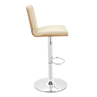 44" Cream And Walnut Faux Leather And Steel Swivel Adjustable Height Bar Chair