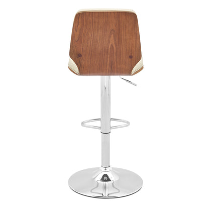 44" Cream And Walnut Faux Leather And Steel Swivel Adjustable Height Bar Chair