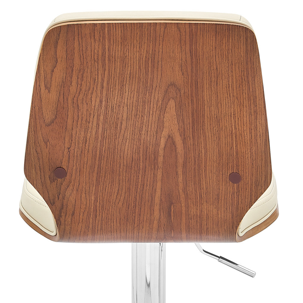 44" Cream And Walnut Faux Leather And Steel Swivel Adjustable Height Bar Chair