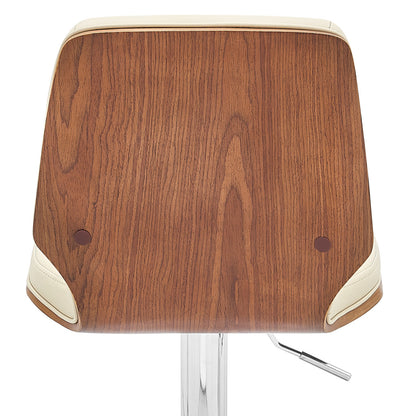 44" Cream And Walnut Faux Leather And Steel Swivel Adjustable Height Bar Chair