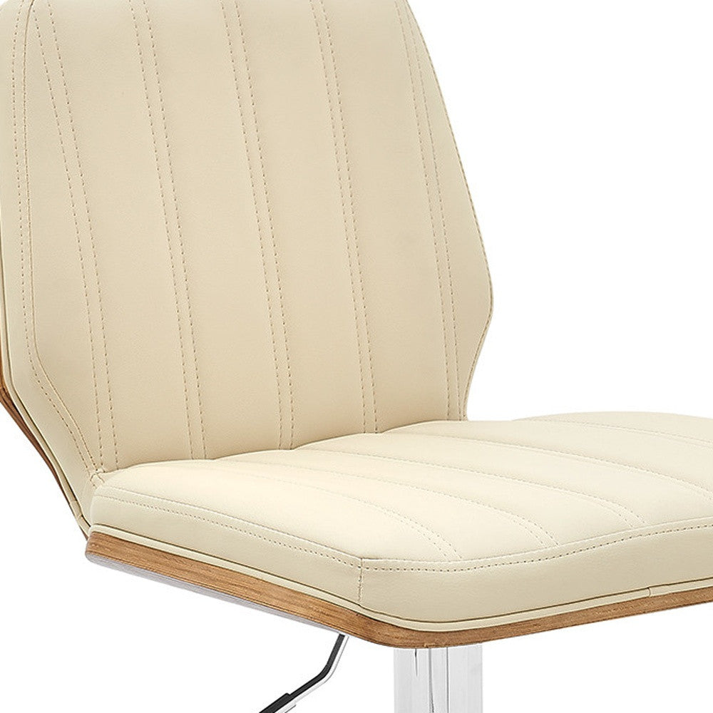 44" Cream And Walnut Faux Leather And Steel Swivel Adjustable Height Bar Chair