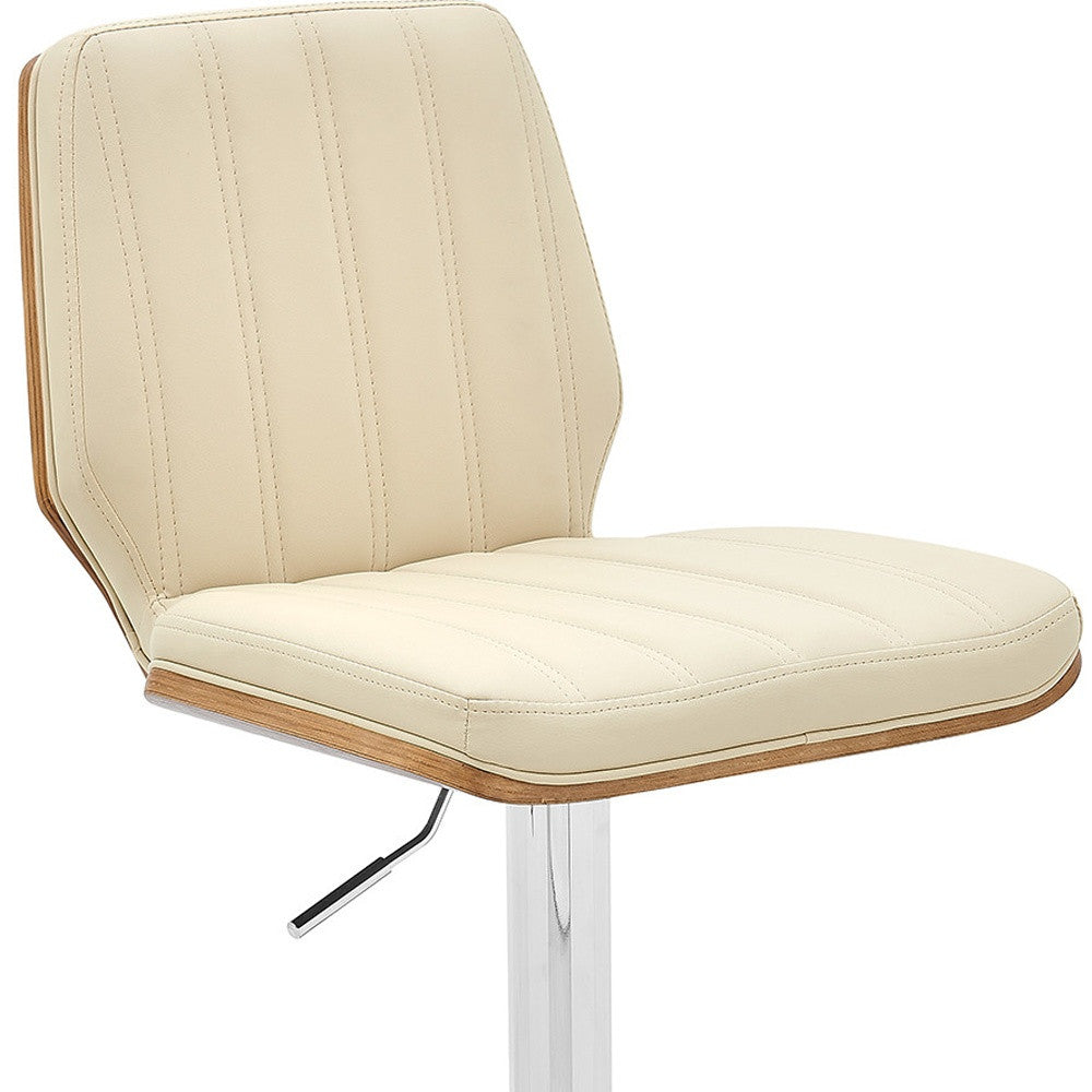 44" Cream And Walnut Faux Leather And Steel Swivel Adjustable Height Bar Chair