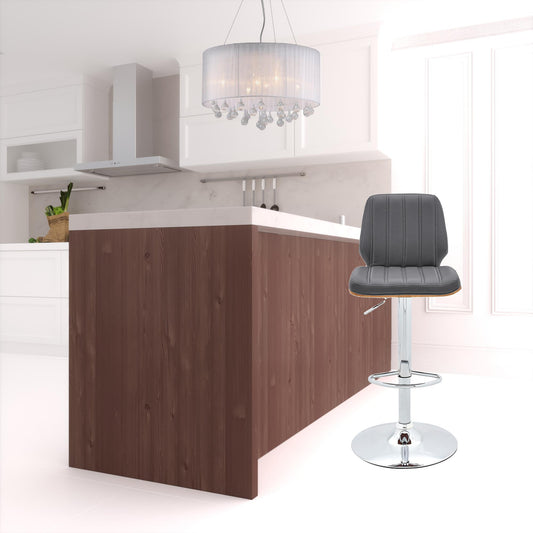 44" Gray Faux Leather And Manufactured Wood Swivel Adjustable Height Bar Chair