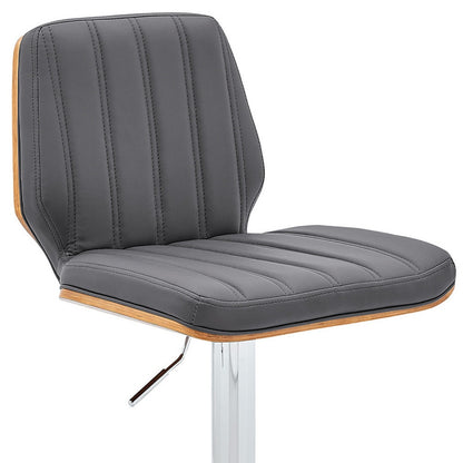 44" Gray Faux Leather And Manufactured Wood Swivel Adjustable Height Bar Chair