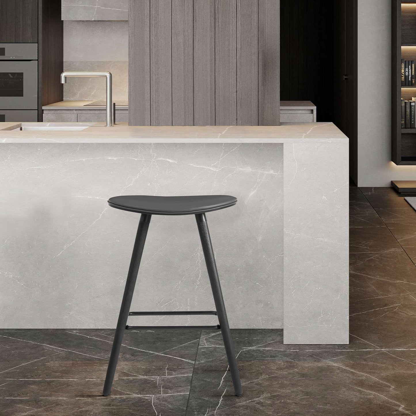 26" Gray Faux Leather Backless Black Wood Bar Stool