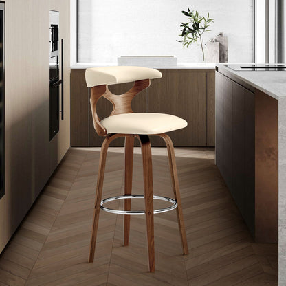 36" Cream Faux Leather And Manufactured Wood Swivel Counter Height Bar Chair