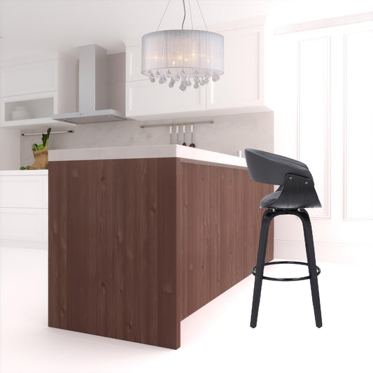 31" Gray And Black Faux Leather And Solid Wood Swivel Low Back Bar Height Bar Chair With Footrest