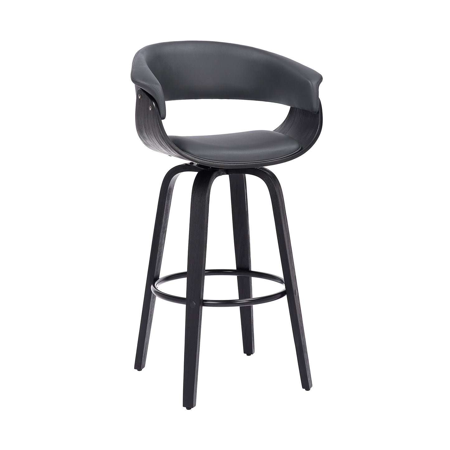 31" Gray And Black Faux Leather And Solid Wood Swivel Low Back Bar Height Bar Chair With Footrest