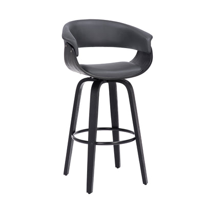 31" Gray And Black Faux Leather And Solid Wood Swivel Low Back Bar Height Bar Chair With Footrest