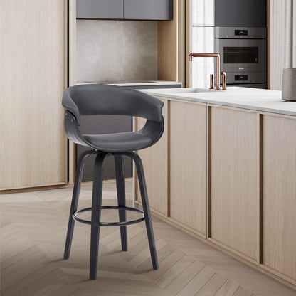 31" Gray And Black Faux Leather And Solid Wood Swivel Low Back Bar Height Bar Chair With Footrest