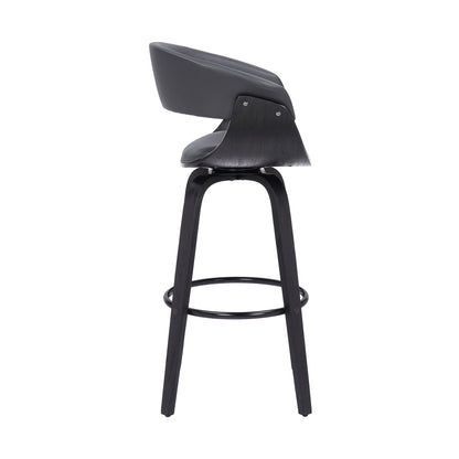31" Gray And Black Faux Leather And Solid Wood Swivel Low Back Bar Height Bar Chair With Footrest