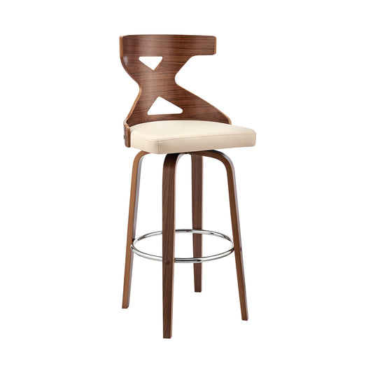 40" Cream Faux Leather And Wood Swivel Counter Height Bar Chair
