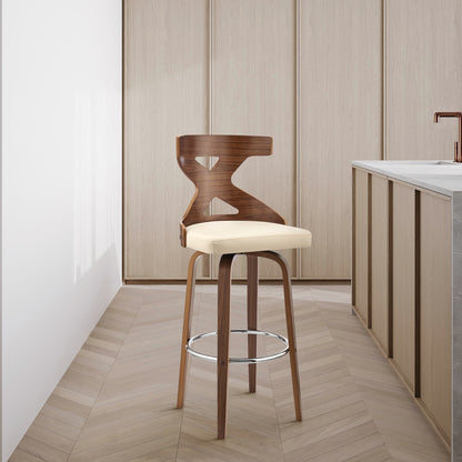 40" Cream Faux Leather And Wood Swivel Counter Height Bar Chair