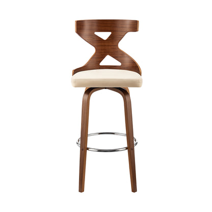 40" Cream Faux Leather And Wood Swivel Counter Height Bar Chair