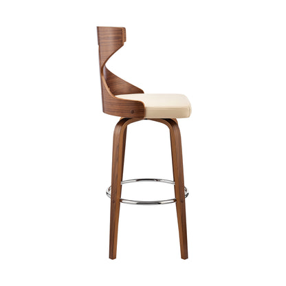 40" Cream Faux Leather And Wood Swivel Counter Height Bar Chair