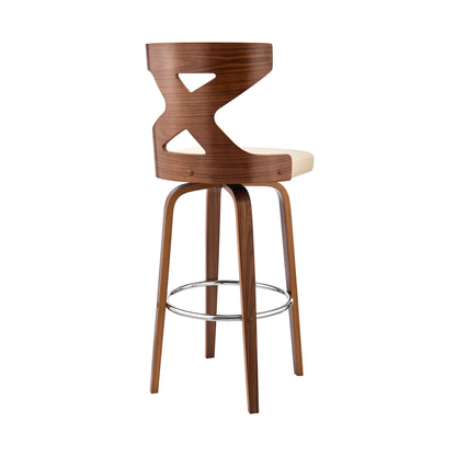 40" Cream Faux Leather And Wood Swivel Counter Height Bar Chair