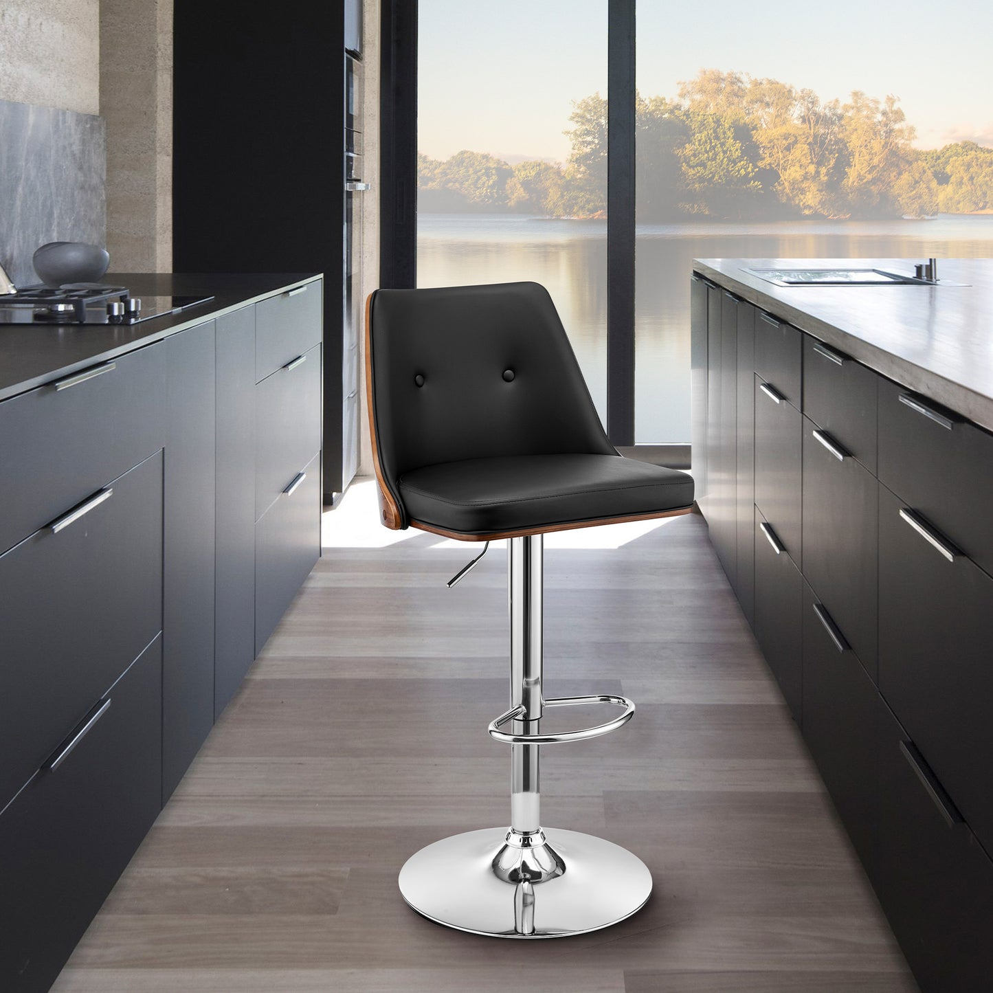 44" Black Faux Leather And Iron Swivel Adjustable Height Bar Chair