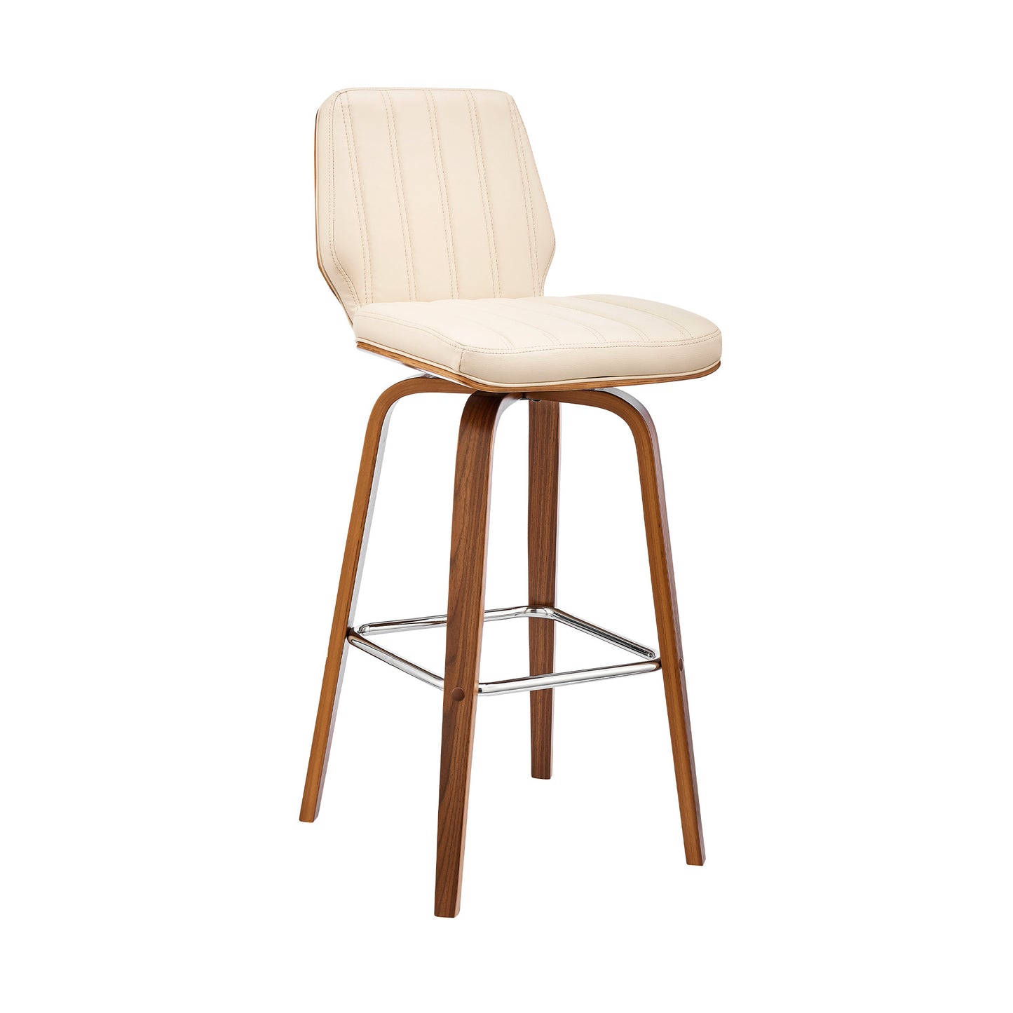 38" Cream Faux Leather  Wood Swivel Bar Height Chair