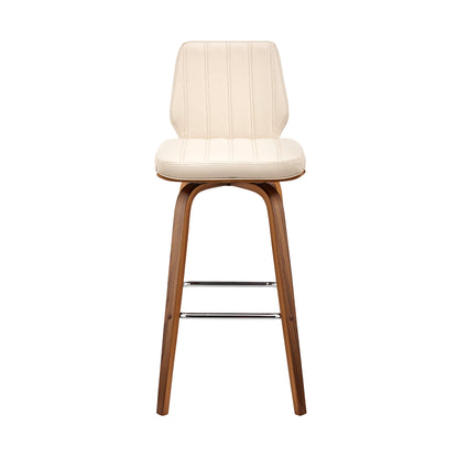 38" Cream Faux Leather  Wood Swivel Bar Height Chair