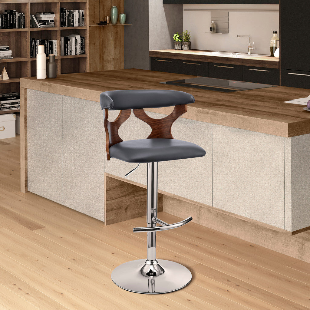 43" Gray Faux Leather And Iron Swivel Adjustable Height Bar Chair