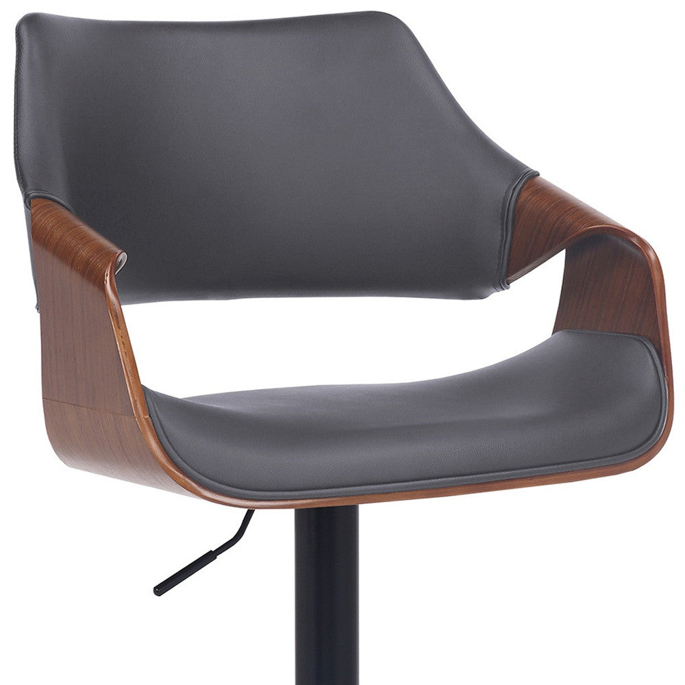 Grey Faux Leather Walnut Wood and Black Swivel Adjustable Bar Stool