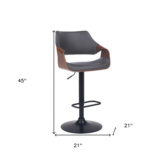 Grey Faux Leather Walnut Wood and Black Swivel Adjustable Bar Stool