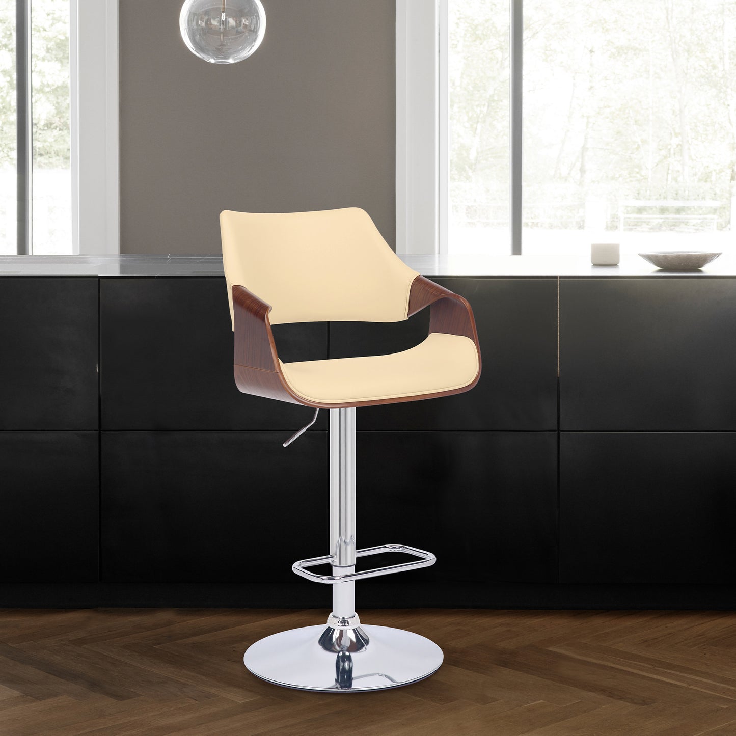 45" Cream And Silver Iron Swivel Adjustable Height Bar Chair With Footrest