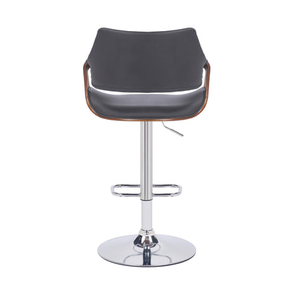 Grey Faux Leather and Walnut Wood and Chrome Swivel Adjustable Bar Stool