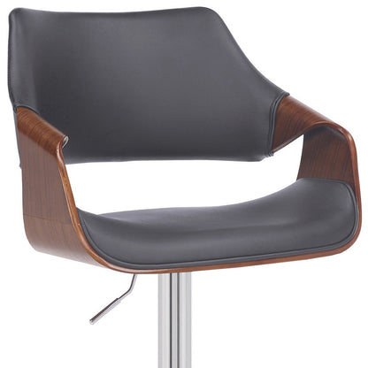 Grey Faux Leather and Walnut Wood and Chrome Swivel Adjustable Bar Stool