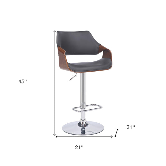 Grey Faux Leather and Walnut Wood and Chrome Swivel Adjustable Bar Stool
