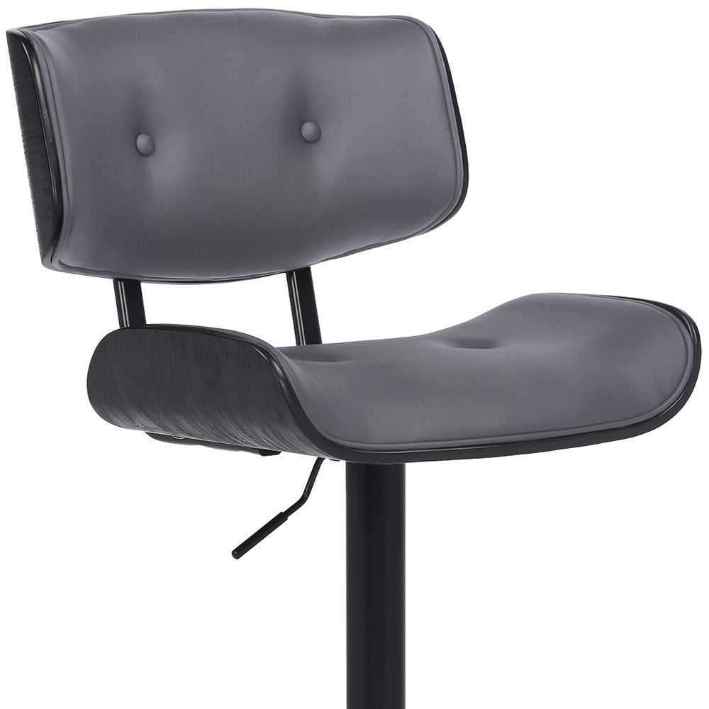 Adjustable Gray Tufted Faux Leather and Black Wood Swivel Barstool.