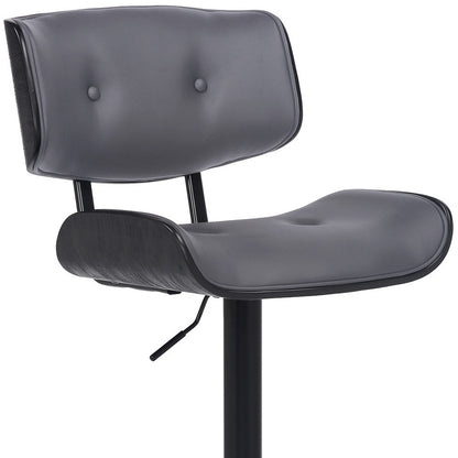 Adjustable Gray Tufted Faux Leather and Black Wood Swivel Barstool.