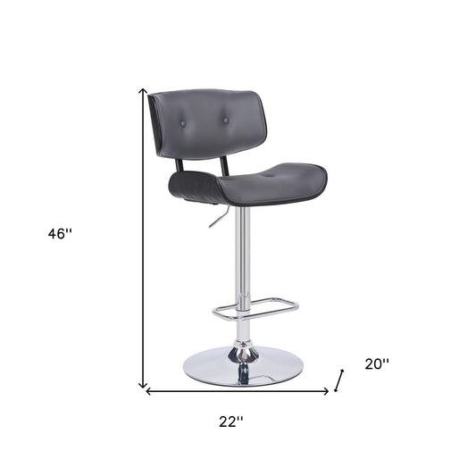 Adjustable Gray Tufted Faux Leather Black and Chrome Swivel Barstool.