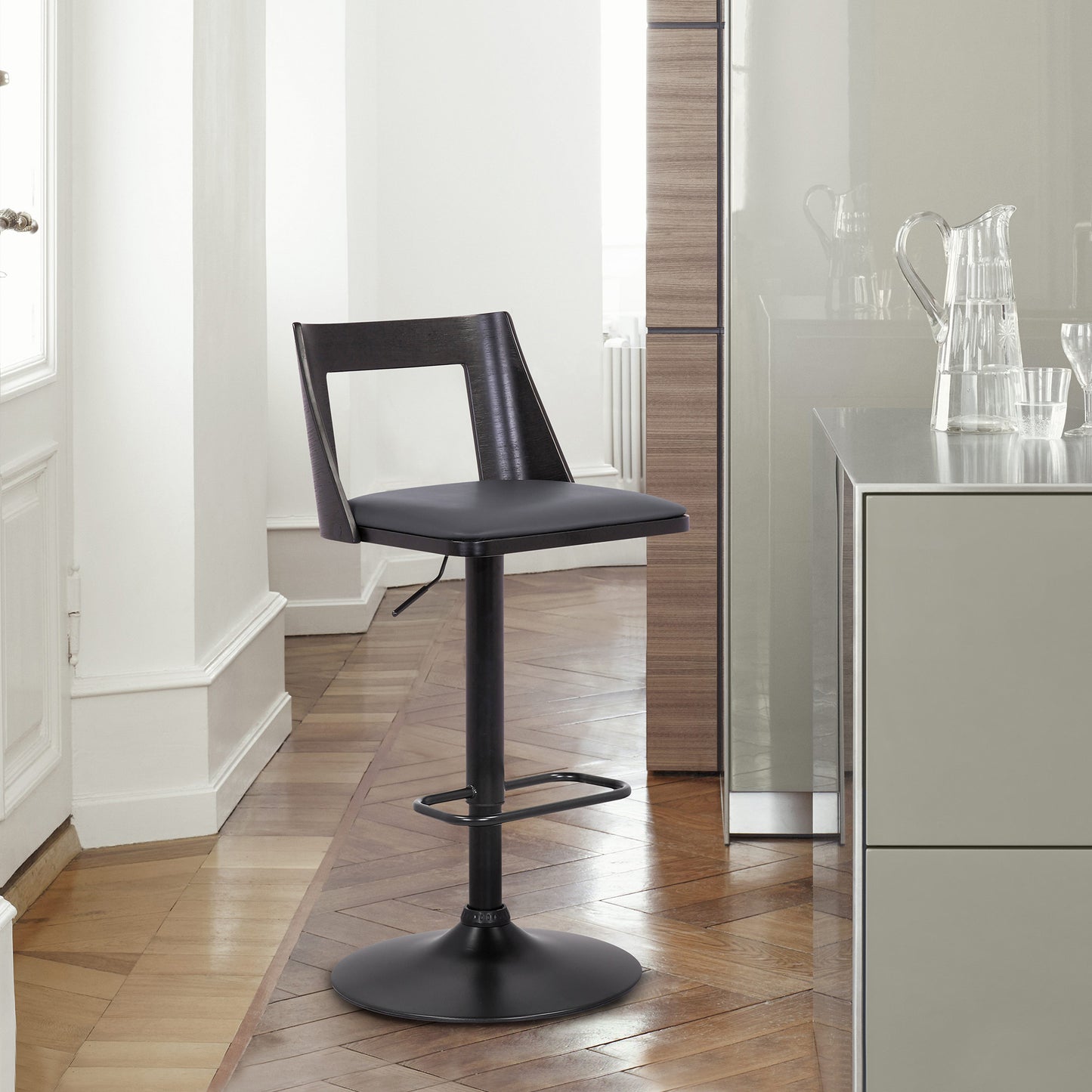42" Gray And Black Faux Leather Swivel Adjustable Height Bar Chair With Footrest