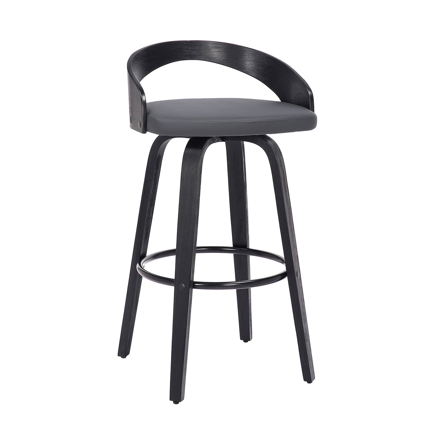 35" Gray Faux Leather And Iron Swivel Low Back Bar Height Chair