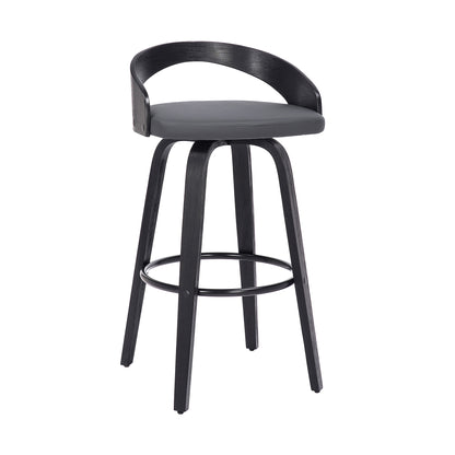 35" Gray Faux Leather And Iron Swivel Low Back Bar Height Chair