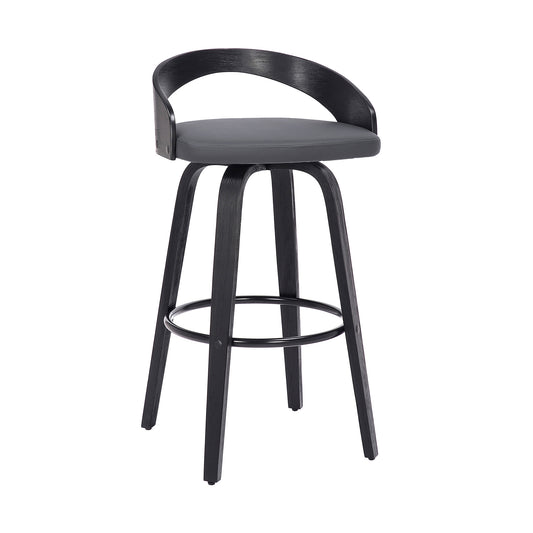 35" Gray Faux Leather And Iron Swivel Low Back Bar Height Chair