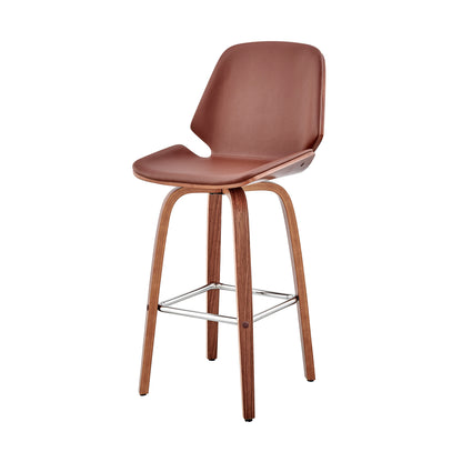 26" Brown Faux Leather Swivel Seat Wooden Bar Stool