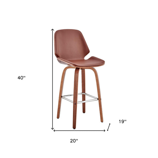 26" Brown Faux Leather Swivel Seat Wooden Bar Stool