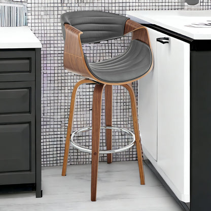 30" Gray and Brown Faux Leather Swivel Bar Chair With Footrest