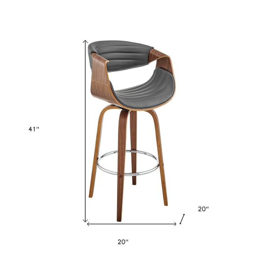 30" Gray and Brown Faux Leather Swivel Bar Chair With Footrest
