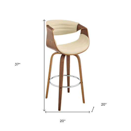 26" Cream Faux Leather and Walnut Wood Retro Chic Swivel Counter Stool